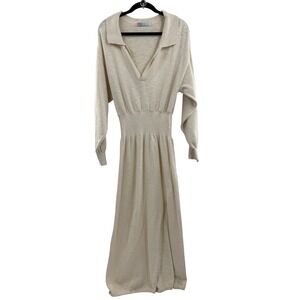 Free People Beach Knit Collared Midi Dress Beige Smocked Waist Long Sleeve M